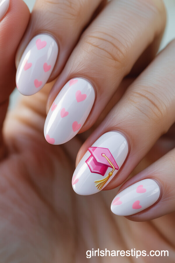 Soft White Almond Nails with Pink Hearts and Hand-Painted Graduation Cap