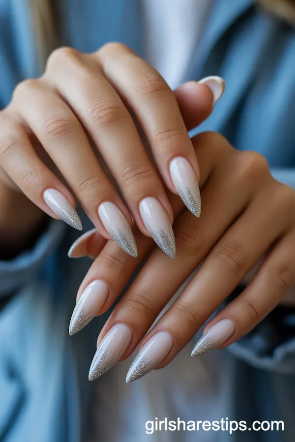 Stiletto White to Silver Glitter Ombre Nails