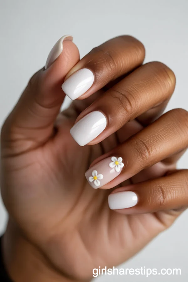 Square Matte White Nails with 3D White Flowers