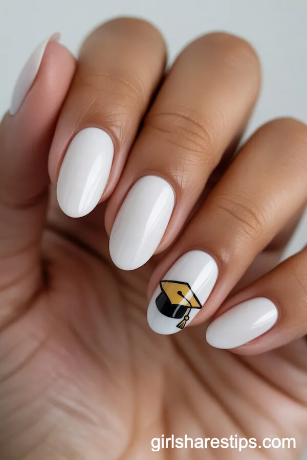 White Oval Nails with Hand-Painted Gold Graduation Cap