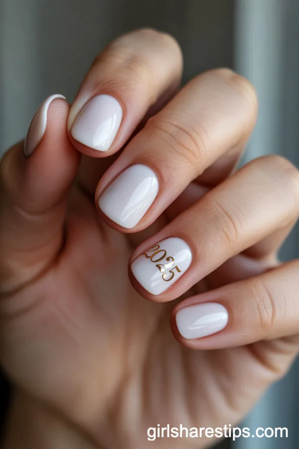 Short Rounded Glossy White Nails with Gold Script &ldquo;2025&rdquo;