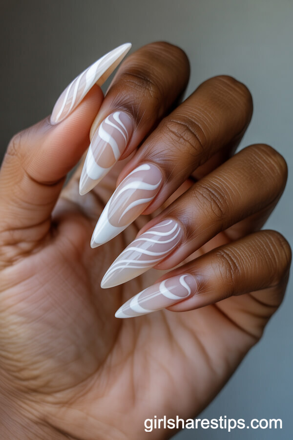 Stiletto Abstract Swirl Nails in White and Nude