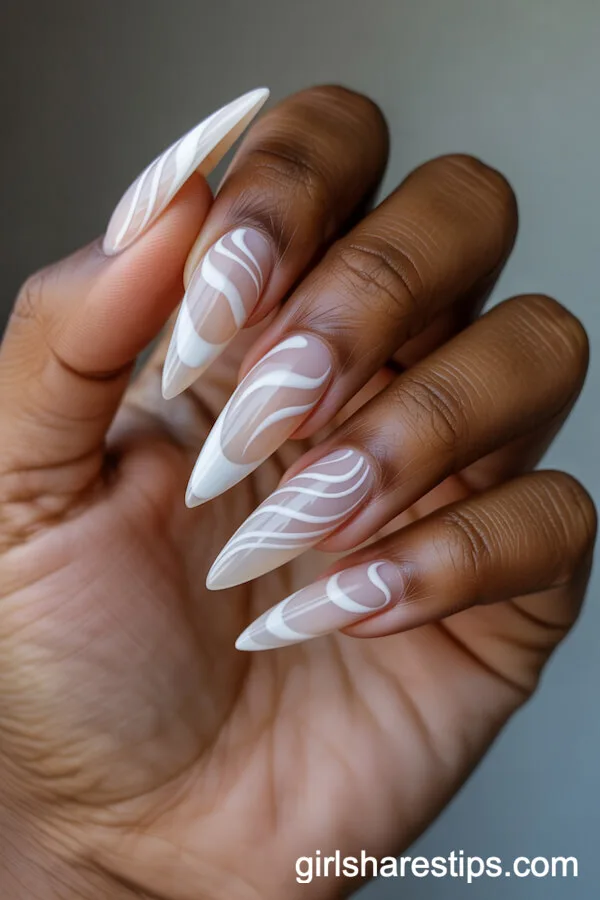 Stiletto Abstract Swirl Nails in White and Nude