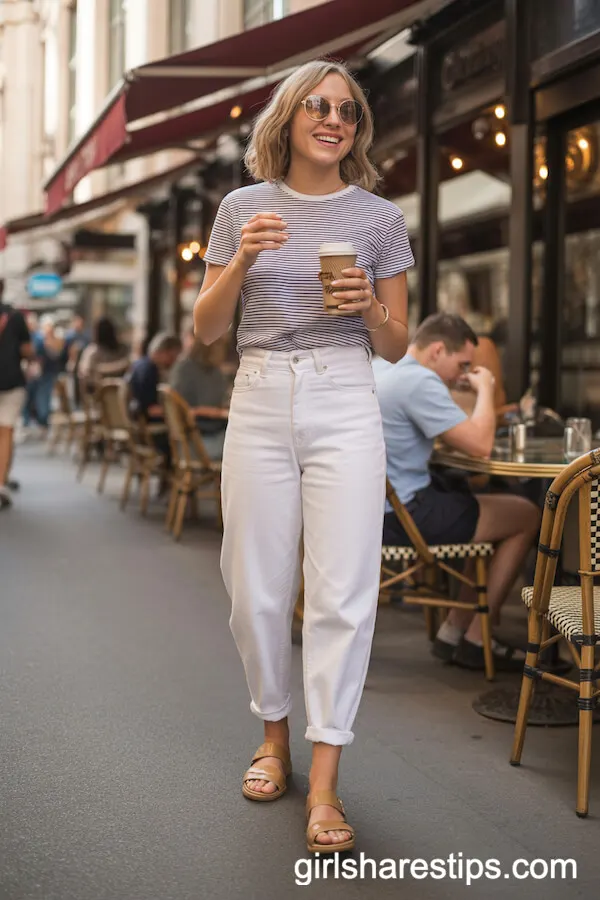 High-Waisted White Jeans with Navy Striped Tee and Tan Sandals