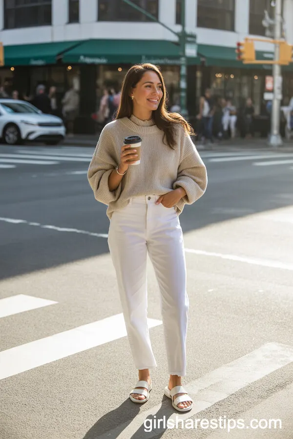 Relaxed-Fit White Jeans with Oversized Beige Knit Sweater and Minimalist Sandals