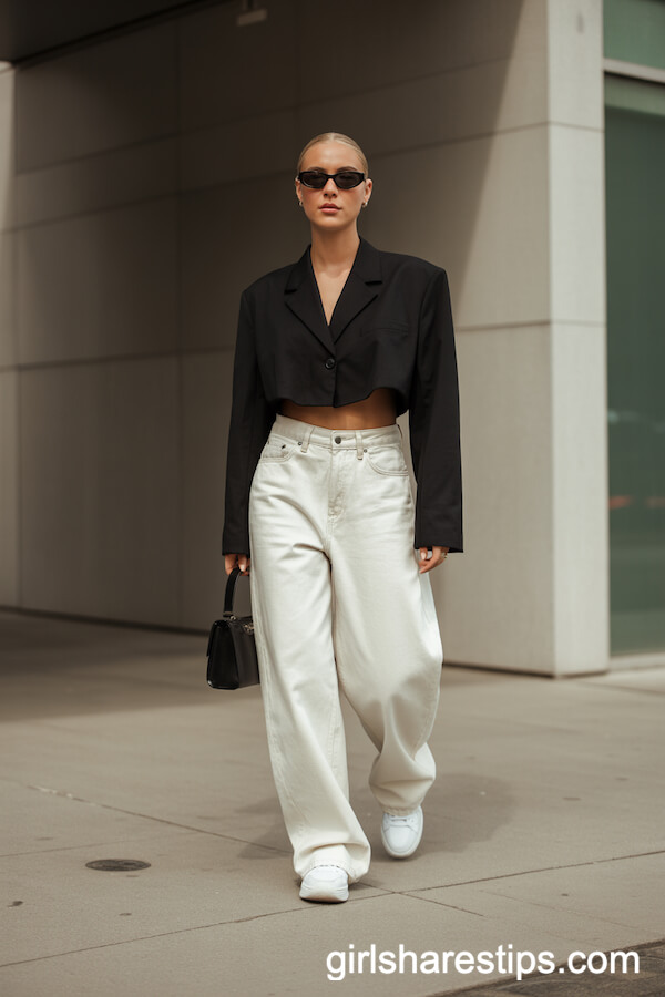 Baggy White Jeans with Cropped Black Blazer and White Sneakers