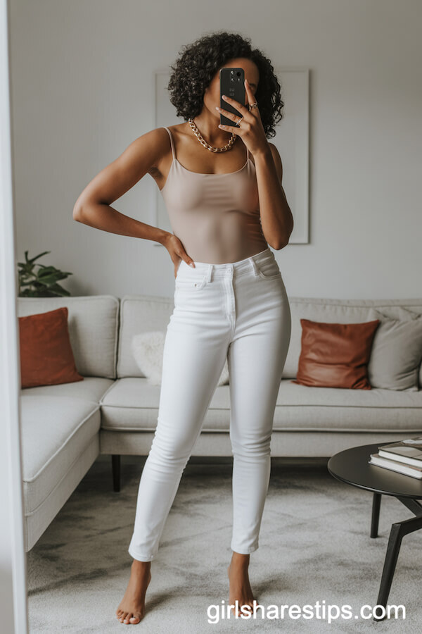 White Skinny Jeans with Fitted Nude Cami and Gold Chain Necklace
