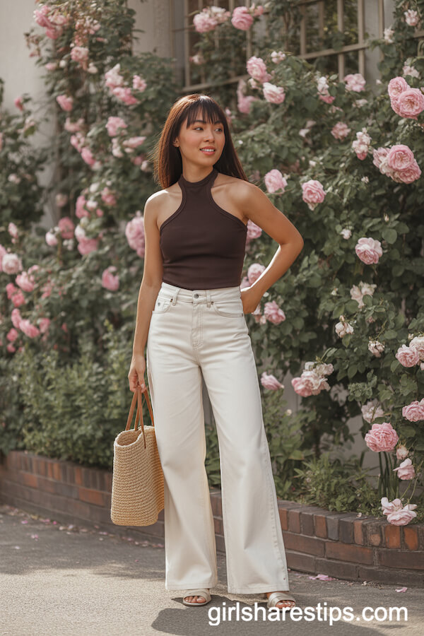 High-Waisted Wide-Leg White Jeans with Dark Brown Halter Neck Top and Open-Toed Sandals