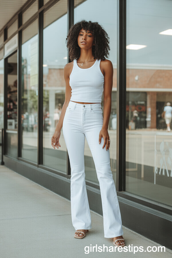 Fitted White Tank Top with High-Waisted White Flared Jeans and Nude Sandals