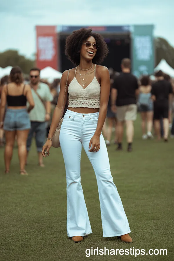 White Flare Jeans with Cream Crochet Crop Top and Brown Ankle Boots