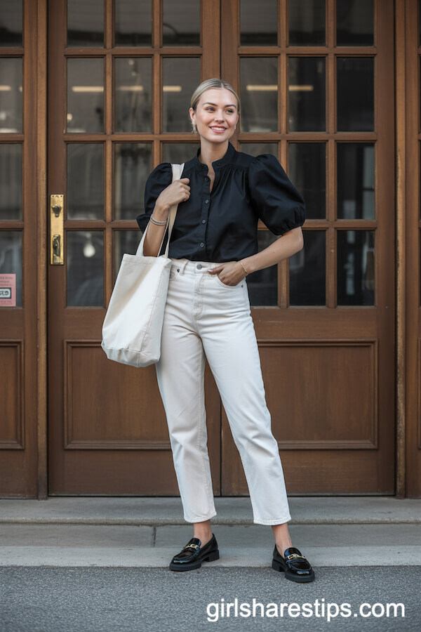 High-Waisted Straight White Jeans with Black Puff-Sleeve Blouse and Black Loafers