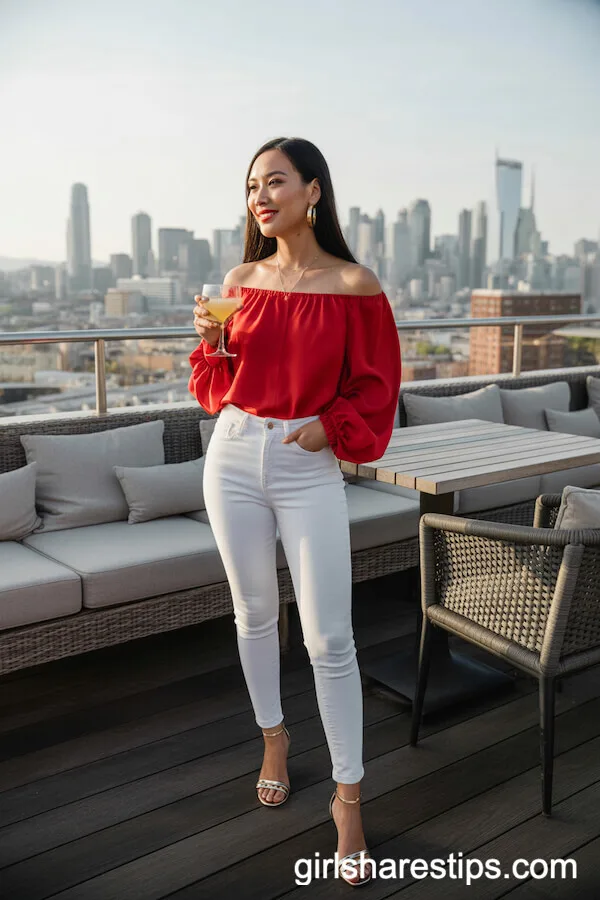 Form-Fitting White Skinny Jeans with Off-Shoulder Red Blouse and Strappy Sandals