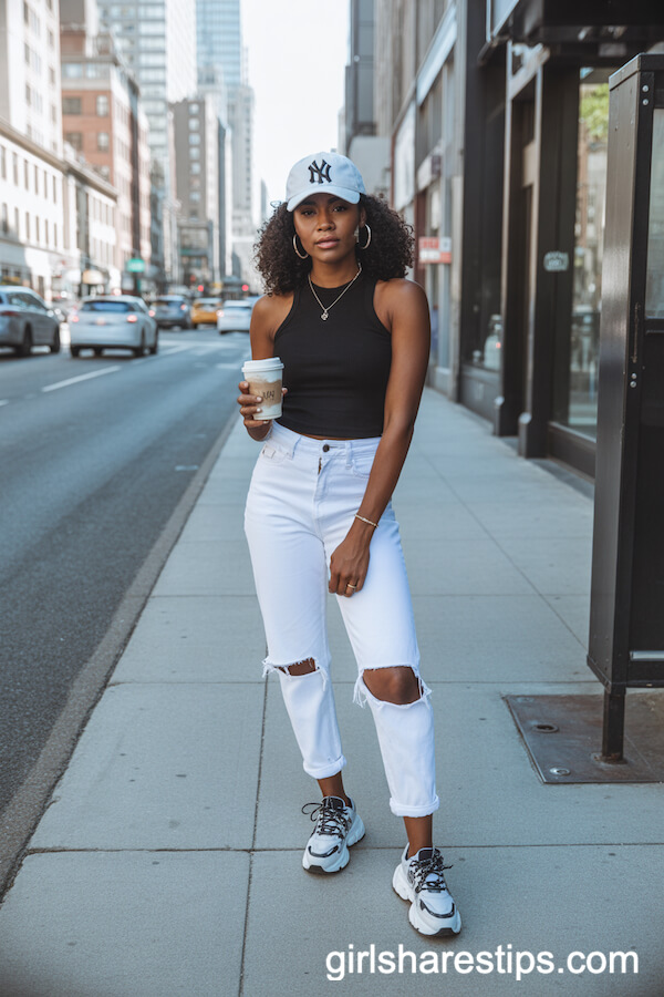 White Ripped Jeans with Fitted Black Tank Top and Chunky Trainers