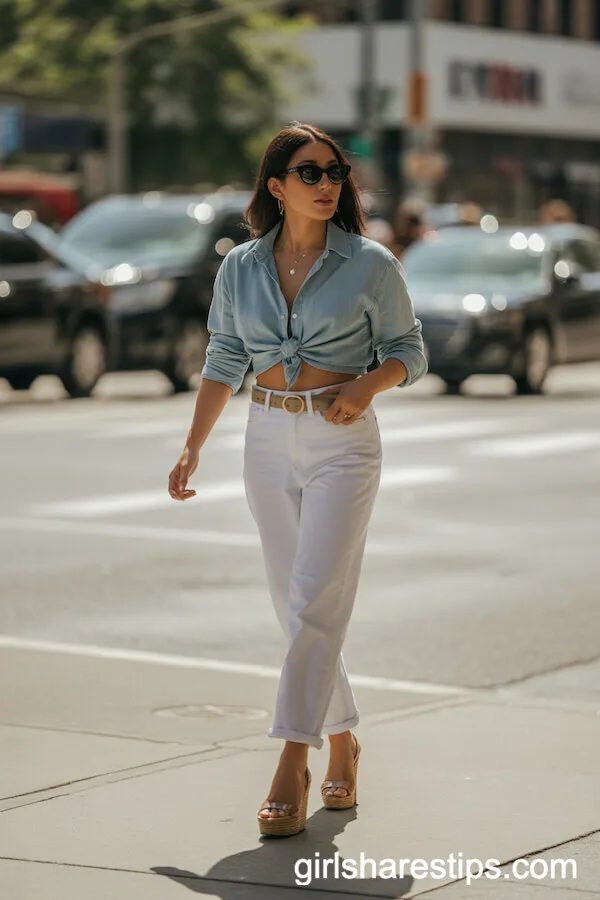 High-Waisted White Jeans with Tucked-In Chambray Shirt and Wedges