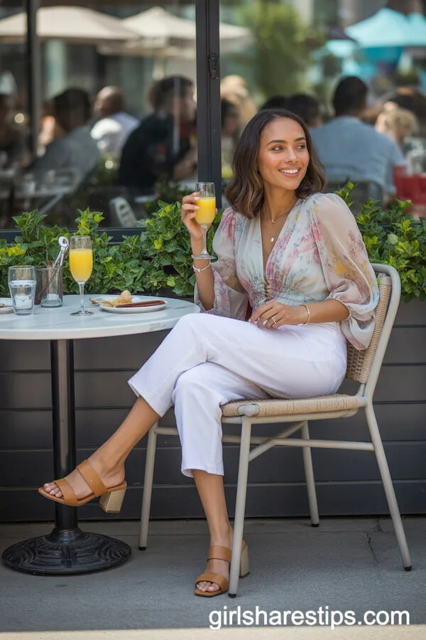 Cropped White Jeans with Flowy Pastel Floral Blouse and Block-Heel Sandals