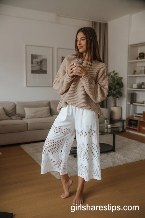 Cozy White Lace Culottes with Chunky Sweater
