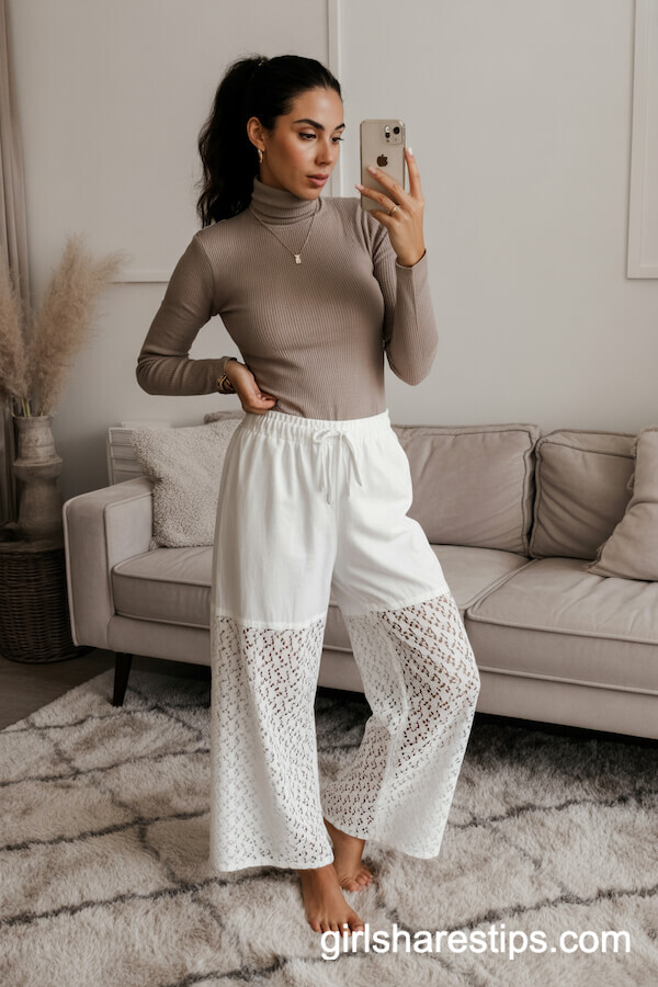 Sophisticated White Lace Pants with Taupe Turtleneck