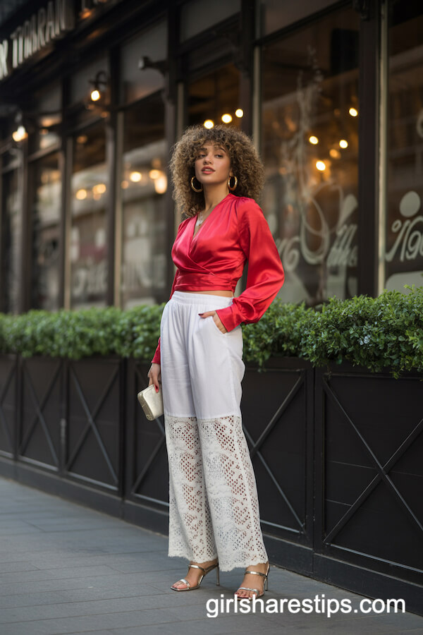 Bold White Lace Pants with Red Silk Wrap Top