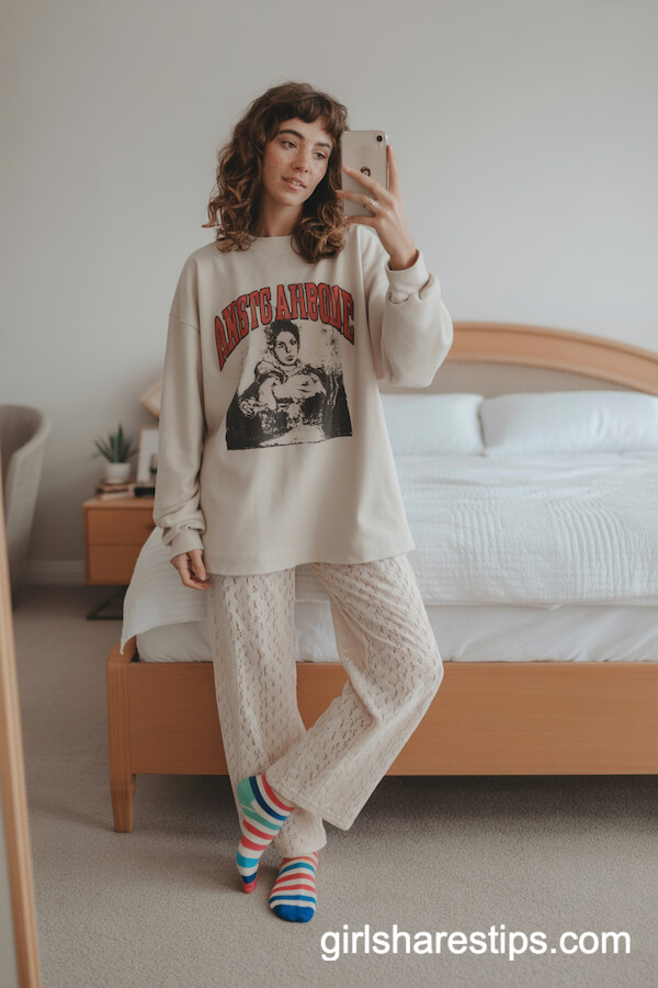 Relaxed White Lace Pants with Oversized Graphic Sweatshirt