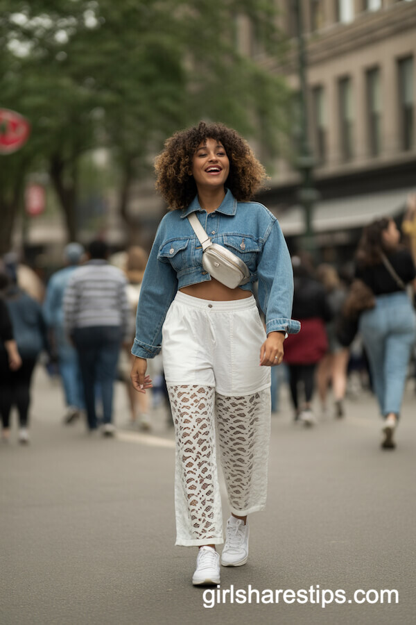 Casual White Lace Pants with Cropped Denim Jacket