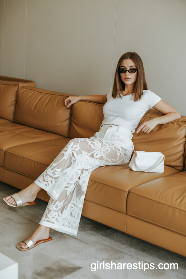Modern White Lace Pants with Classic White T-Shirt