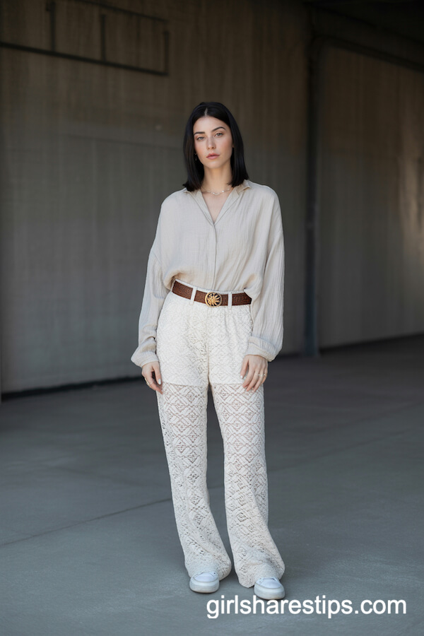 Boho White Lace Pants with Off-White Blouse
