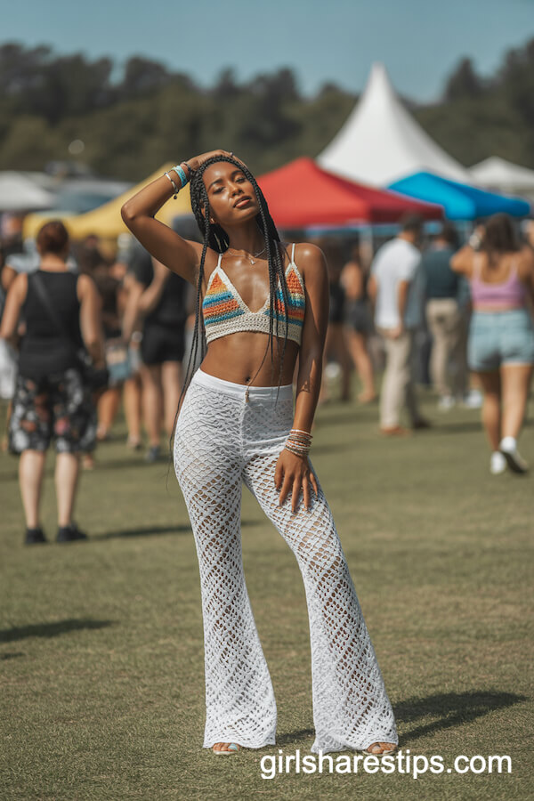 Festive White Lace Flare Pants with Crochet Crop Top