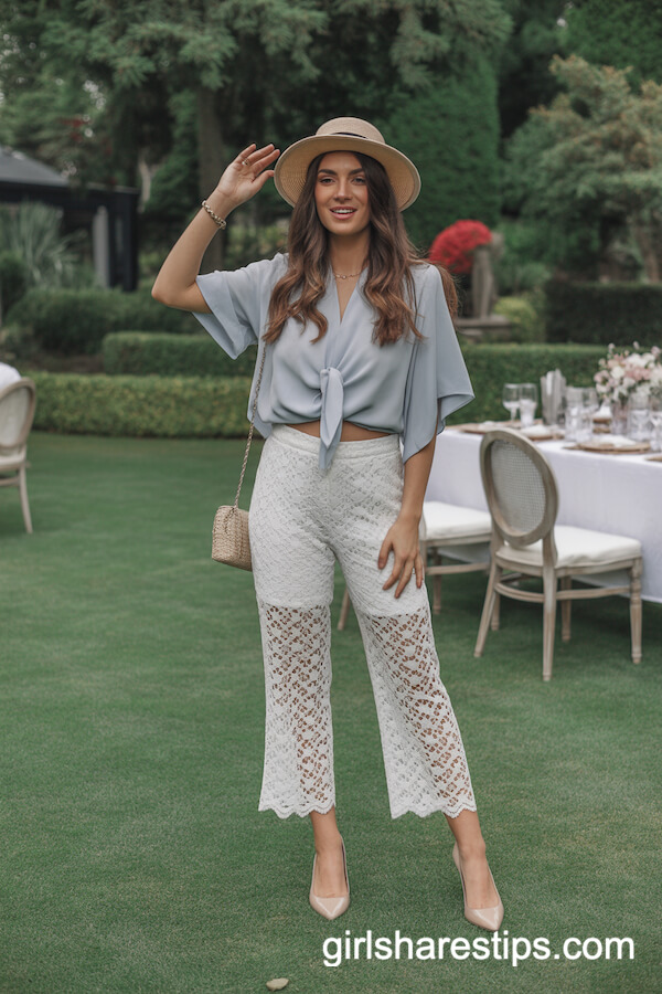 Garden Party Look with White Lace Pants and Chiffon Blouse