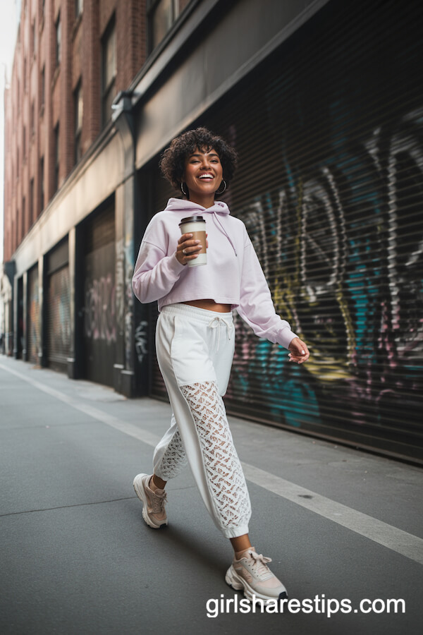 Urban White Lace Jogger Pants with Pastel Hoodie