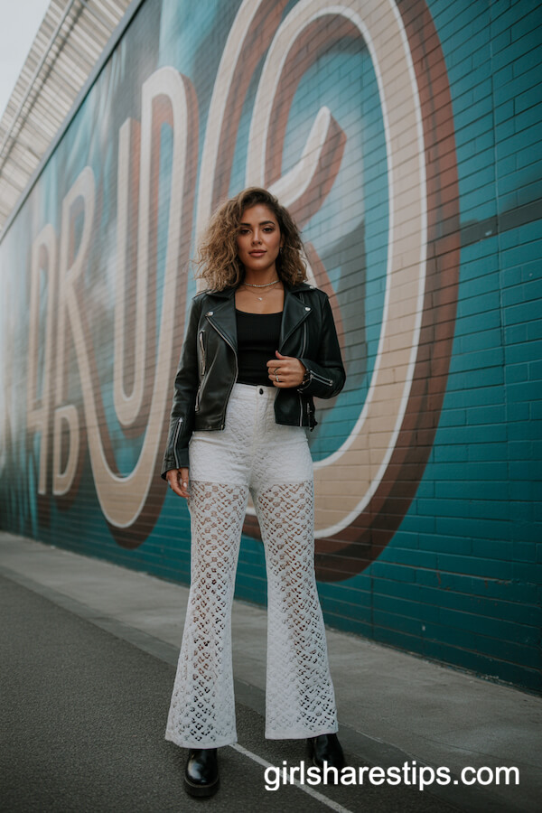 Edgy White Lace Pants with Black Leather Jacket