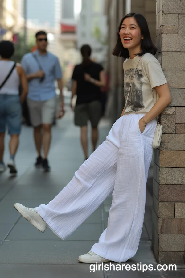 Loose White Linen Pants with Vintage Band Tee