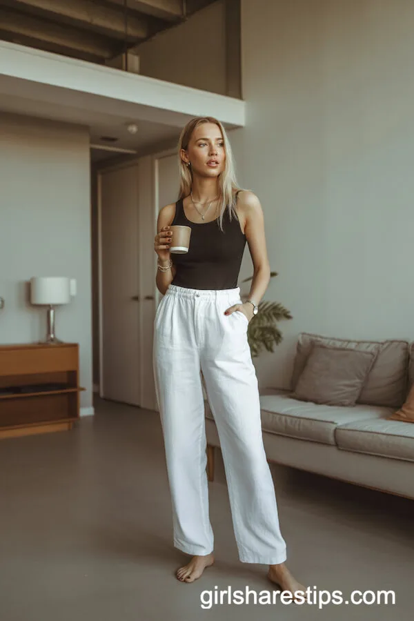 Minimalist White Linen Pants with Black Bodysuit