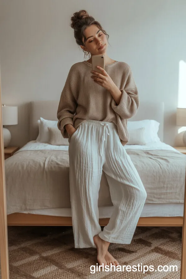 White Linen Pants with Oversized Oatmeal Sweater at Home