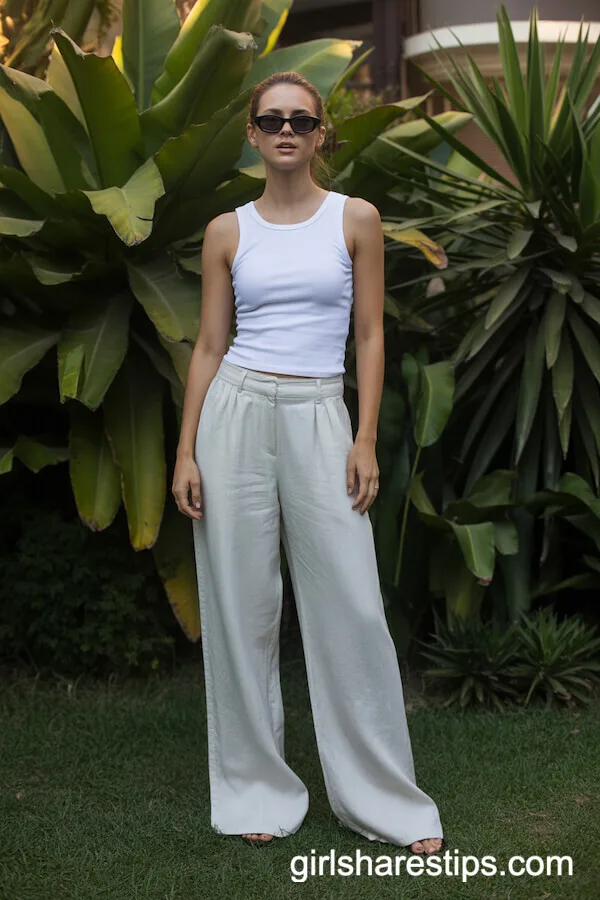 Wide-Leg White Linen Pants with Fitted Sleeveless Top
