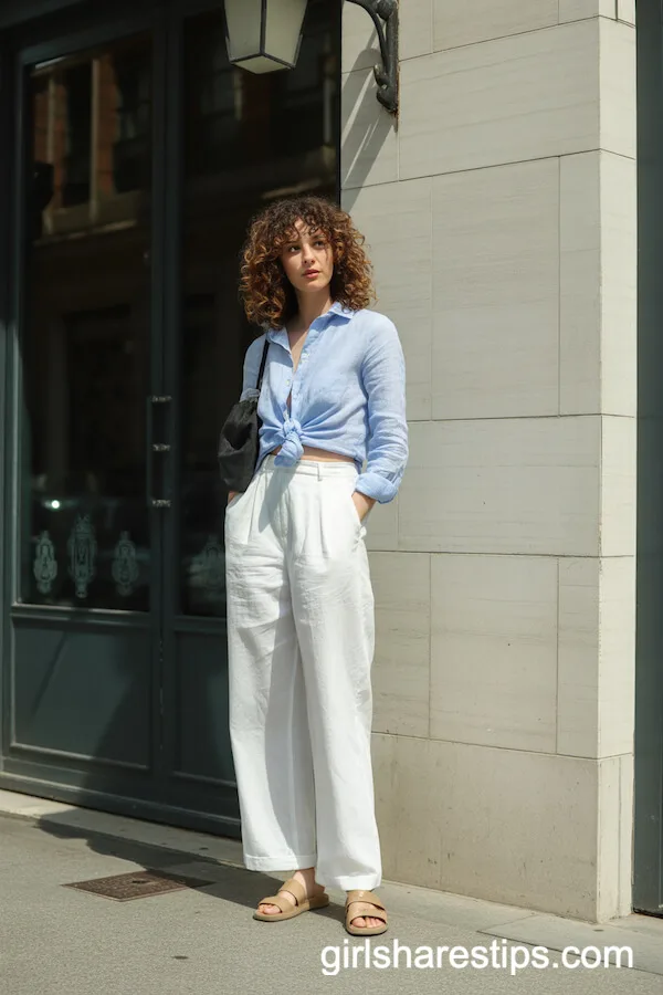 High-Waisted White Linen Pants with Light Blue Button-Up Shirt