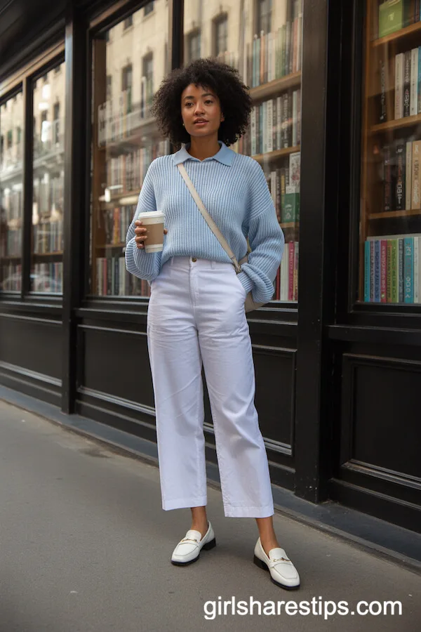 Cropped White Linen Pants with Knit Sweater over Shoulders