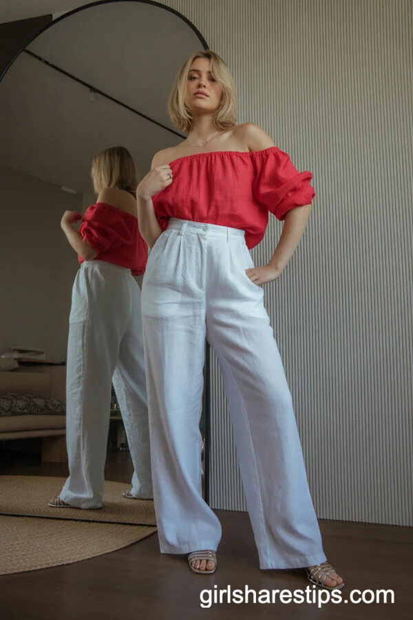 High-Waisted White Linen Pants with Red Off-Shoulder Blouse