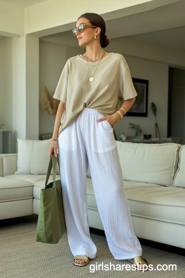 Loose White Linen Pants with Relaxed Beige T-Shirt