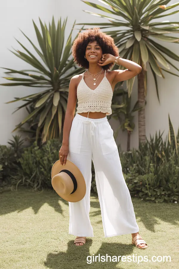 Wide-Leg White Linen Pants with Crochet Crop Top