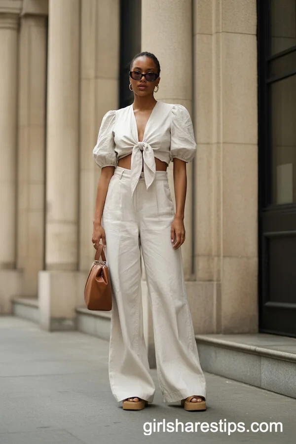 High-Waisted White Linen Pants with Cropped Tie-Front Top