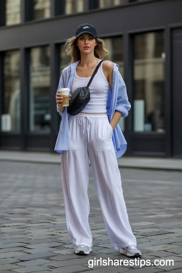 Drawstring White Linen Pants with Tank Top and Oversized Shirt