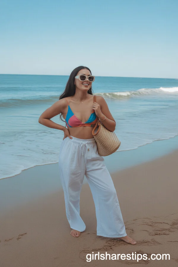 Beach-Ready White Linen Pants over a Vibrant Bikini