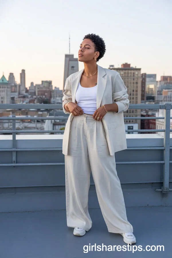 White Linen Pants with Matching Blazer and Tank Top