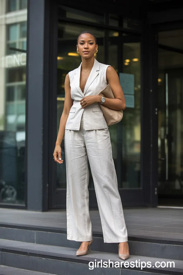 Tailored White Linen Pants with Vest for Business Casual Style