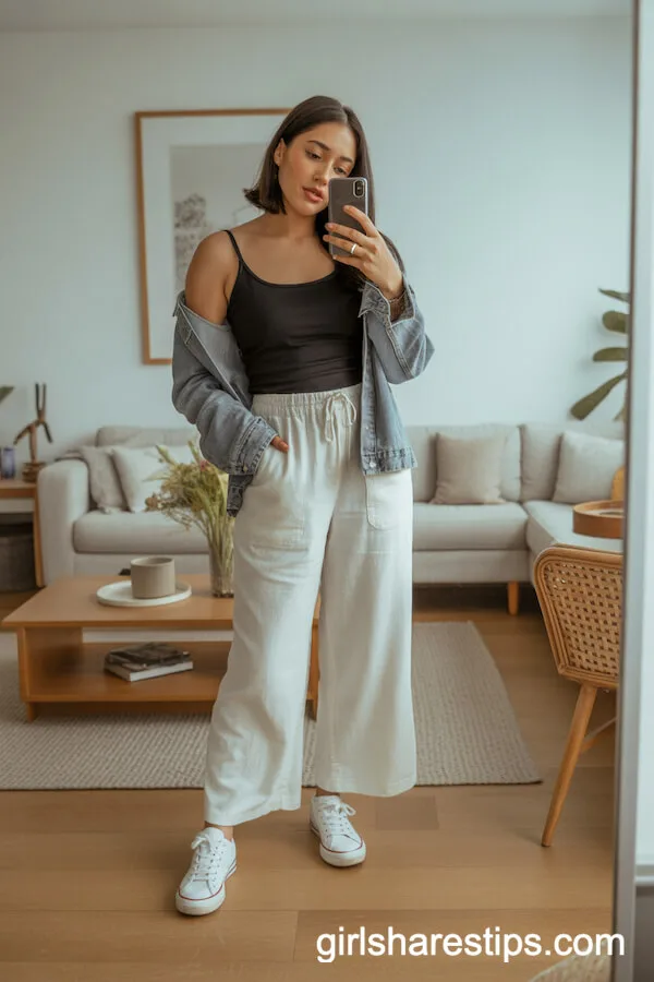 White Linen Pants with Black Tank and Denim Jacket