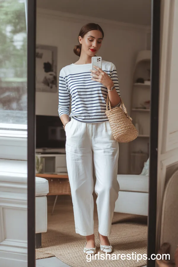 Parisian-Inspired White Linen Pants with Striped Top and Straw Bag