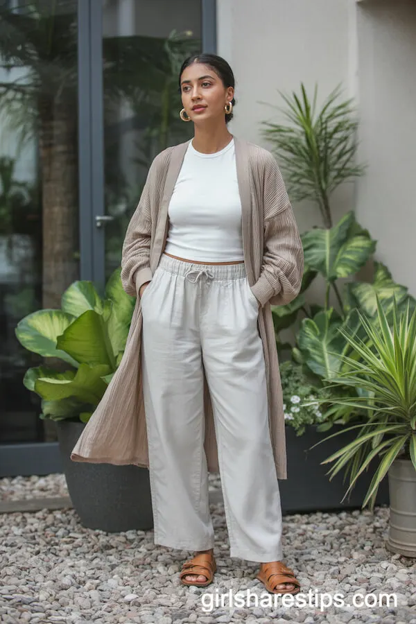 White Linen Pants with Beige Cardigan and Fitted Tee