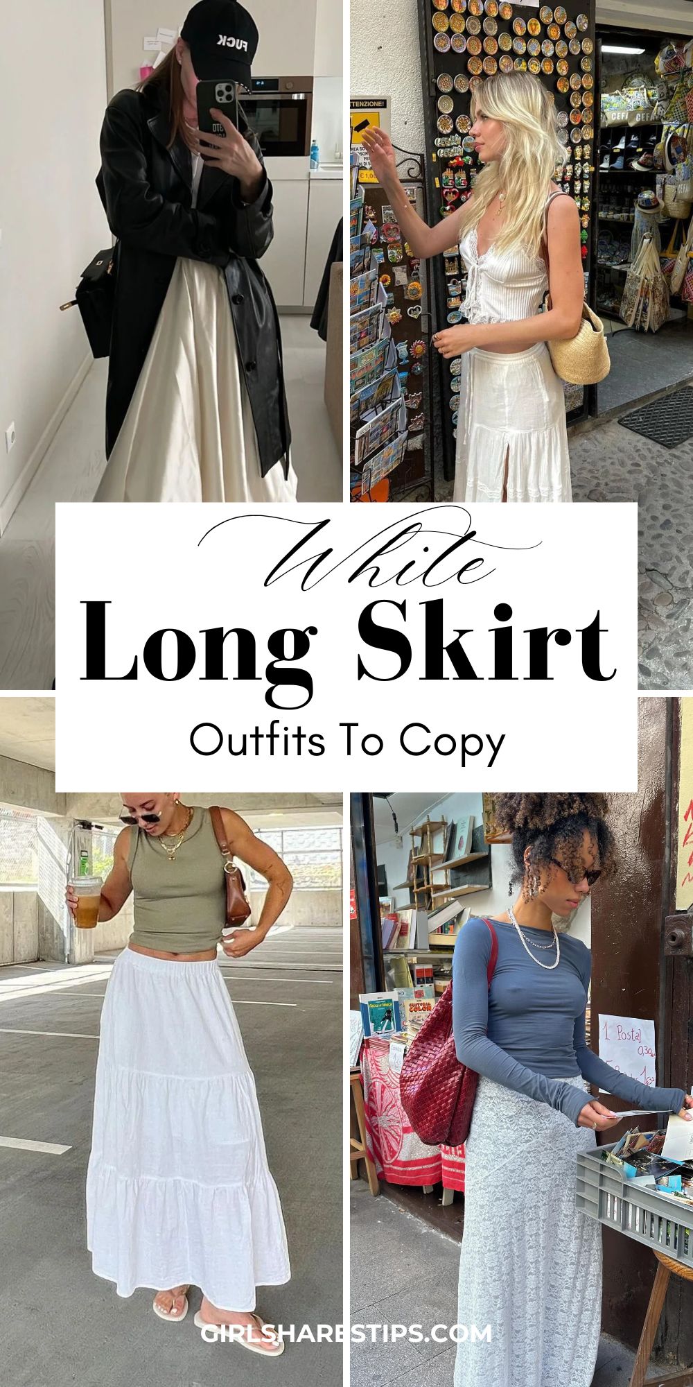 white long skirt outfit ideas collage