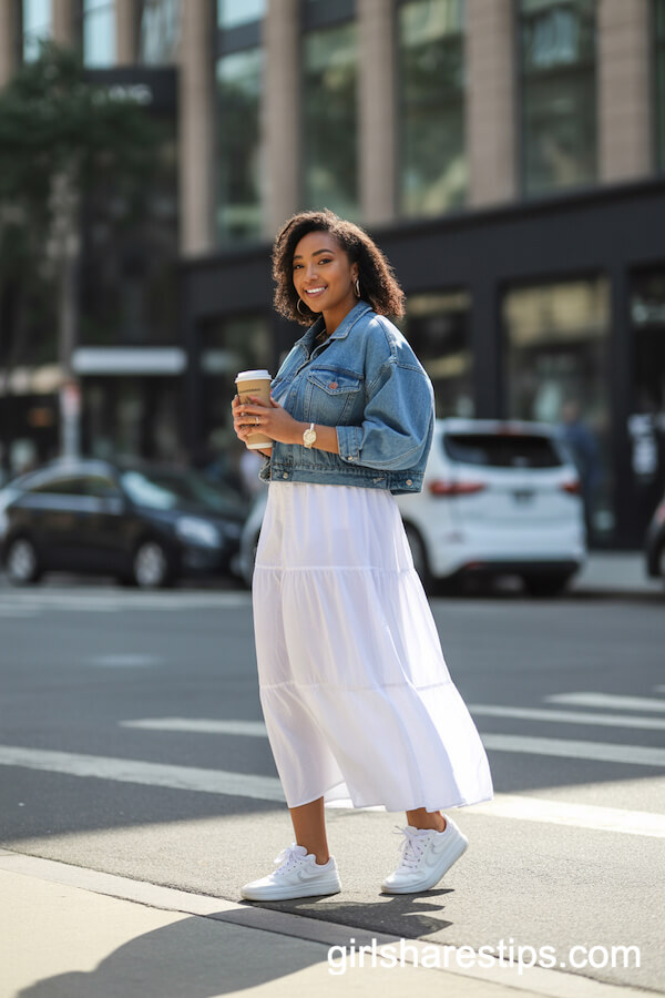 White Maxi Skirt with Denim Jacket and Sneakers for City Strolls