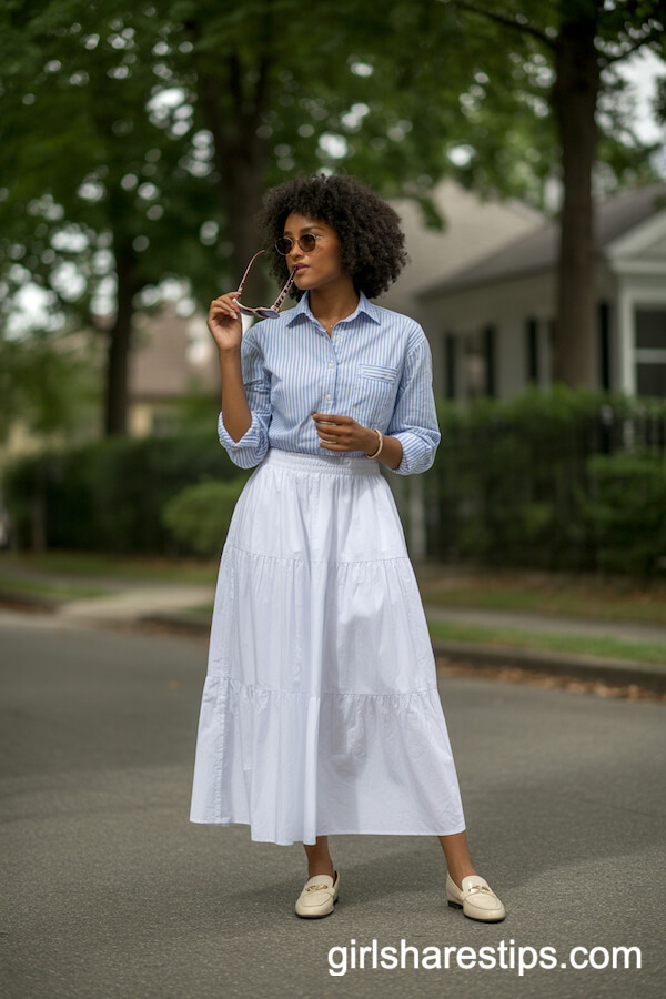 Preppy Everyday: White Maxi Skirt with Striped Shirt and Loafers